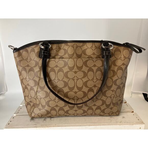 COACH F19816 LARGE TAN, BROWN PVC SIGNATURE PRINT HANDBAG - Picture 4 of 16